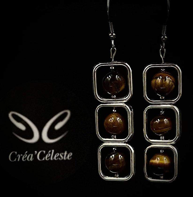 Boucles d'Oreilles Carrées Oeil de Tigre