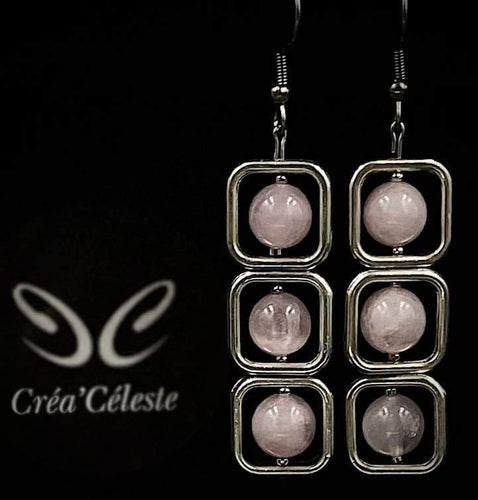 Boucles d'Oreilles Carrées Quartz Rose