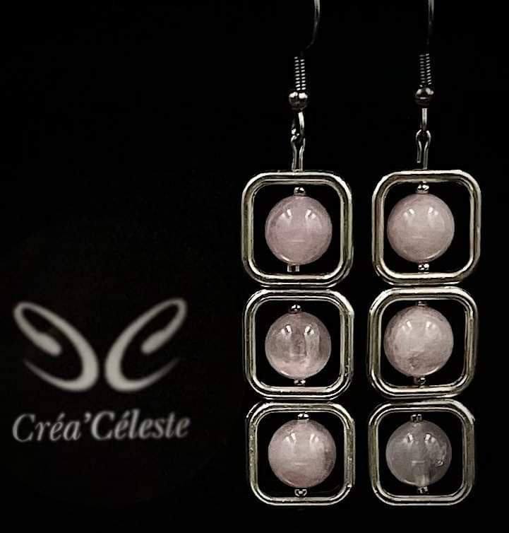 Boucles d'Oreilles Carrées Quartz Rose