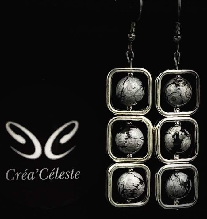 Boucles d’Oreilles Carrées Obsidienne Flocon de Neige