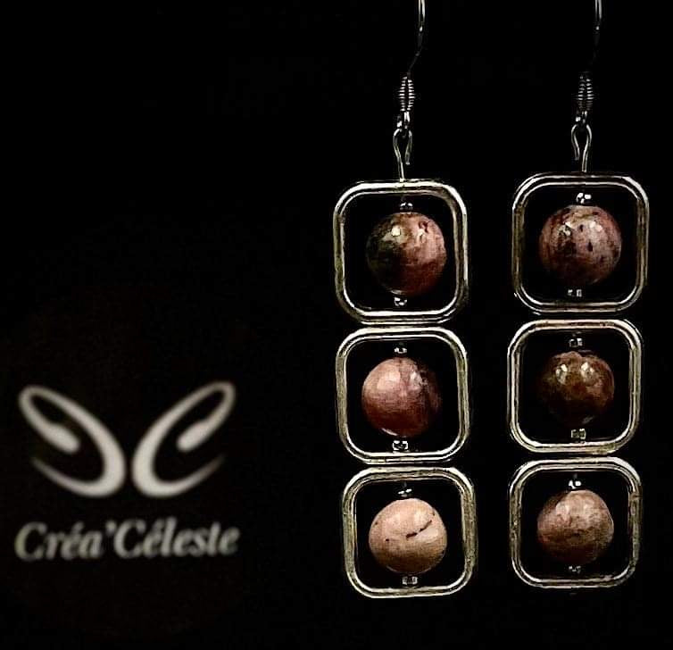 Boucles d'Oreilles Carrées Rhodonite